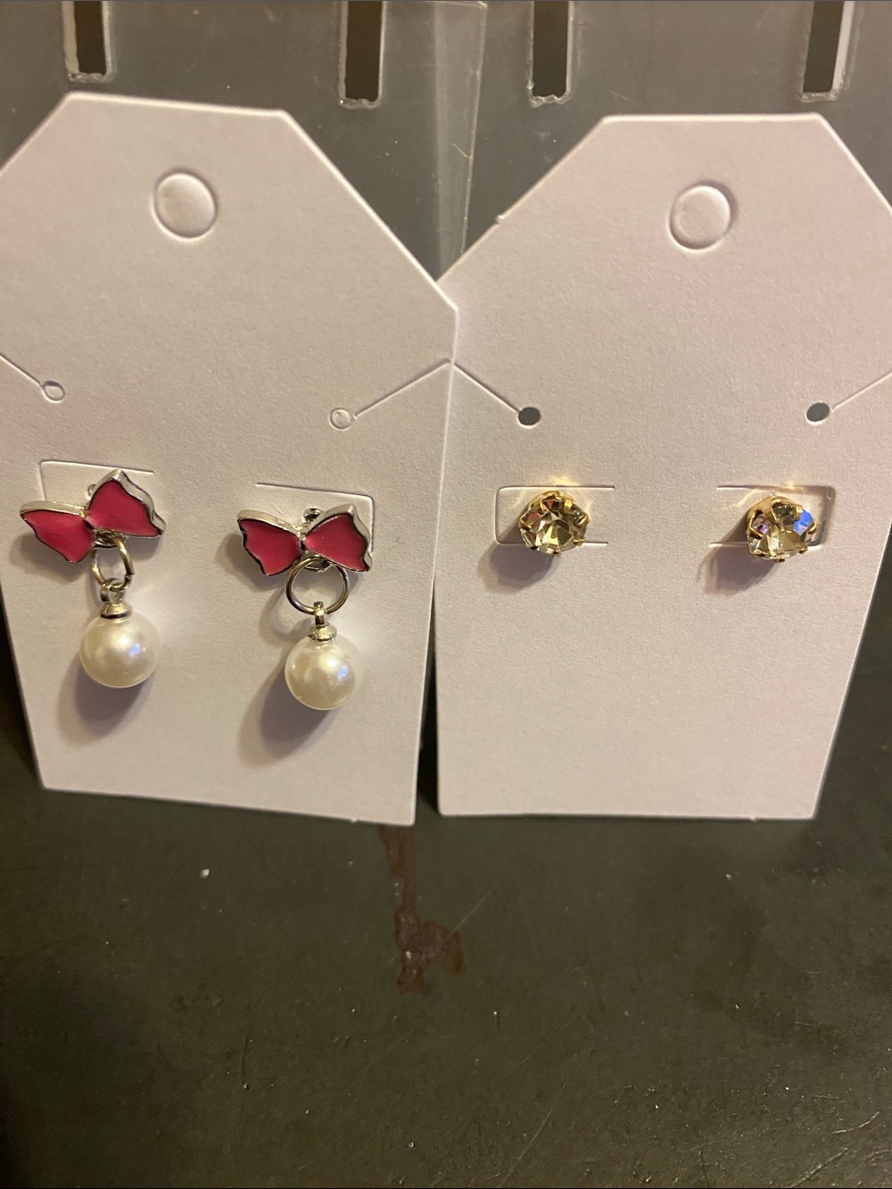 Pink Butterfly Pearl Drop Earrings and Gold Crystal Stud Set - Women Jewelry